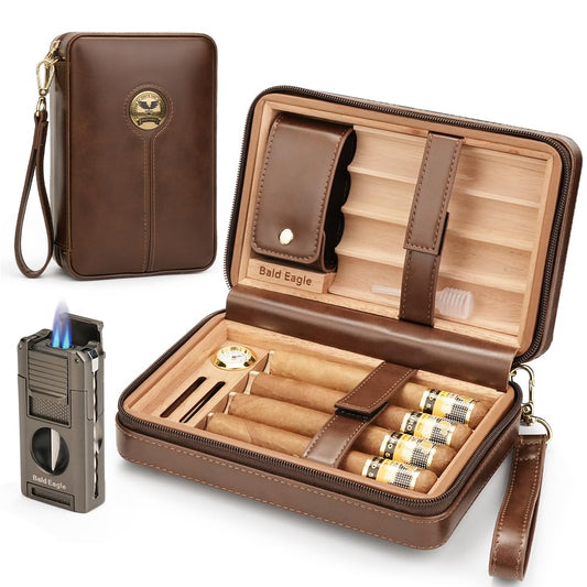 Bald Eagle Cigar Humidor Leather Travel Cigar Box with Humidifier Lighter(Without Fuel) and V Cutter Cedar Wood Case Hold Up to 8 Cigars Brown