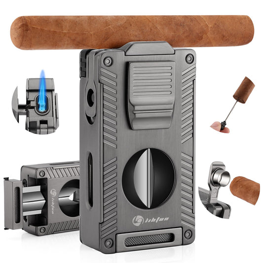 LIHTUN Cigar Torch Lighter All-in-1 Cigar Lighter Built-in Cigar Holder Cigar Punch Cigar Draw Enhancer Cigar Cutter V Cut Double Jet Flame Refillable Butane Lighters for smoking Cigar Gift for Men